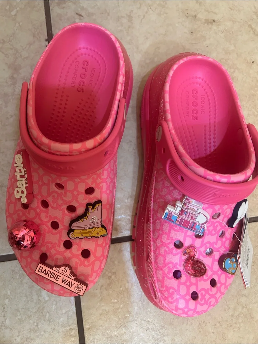CROCS Girls' Bright Pink Barbie Charm Platform Clogs